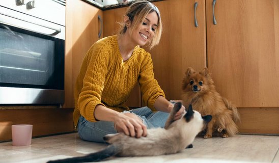 kueche-haustiere-haus-kochen-essen-08 Frau mit Katze und Hund