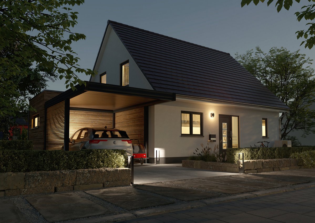 Final_Ext_Einfamilienhaus_Flair_125_Kubus_StreetView_Cam002_Carport_Holz_Abend