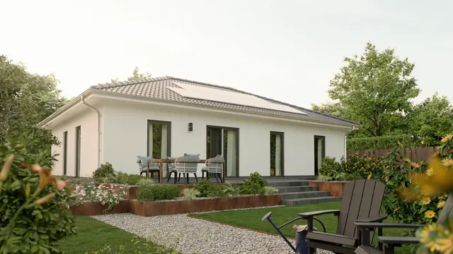 Bungalow 110 mit Gartenblick und großer Fensterfront Bungalow 110 Gartenansicht mit großem Fensterbereich für viel Licht