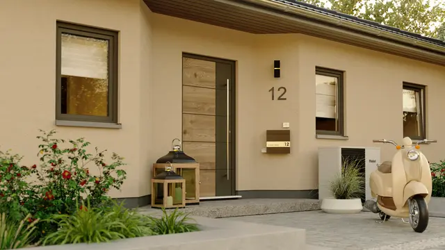 Winkelbungalow 108 mit Eingangsbereich Der Winkelbungalow 108 von vorne mit Eingangsbereich – ideal für ebenerdiges Wohnen und passend zum Bebauungsplan vieler Grundstücke